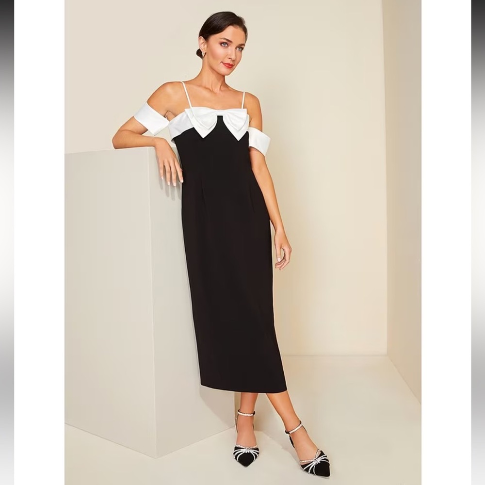 Erin Two Tone Color Block Off-the-Shoulder Bow Satin Midi Dress